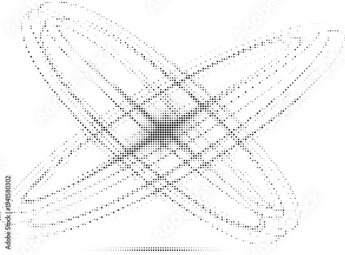 Symmetrical atomic orbital halftone design concept with black dots texture and intersecting circular paths for futuristic scientific illustrations.