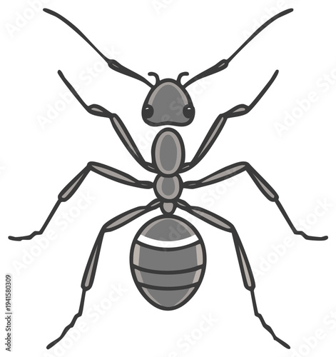 Cartoon illustration of a gray ant with antennae and six legs, insect