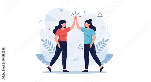 Two young women celebrate their shared success with a high five gesture in an uplifting illustration of friendship and teamwork.