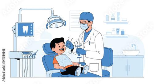 Professional dentist in protective gear examines a young boy in a modern dental chair during a routine medical checkup and cleaning.