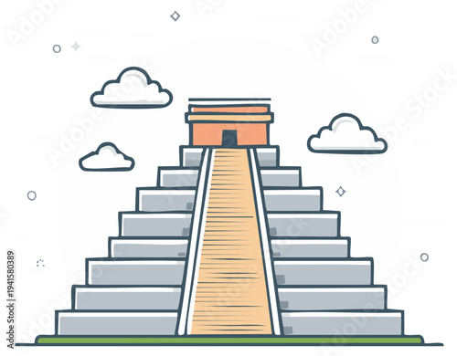 Illustration of a stepped pyramid under a cloudy sky evokes ancient civilizations and architectural history