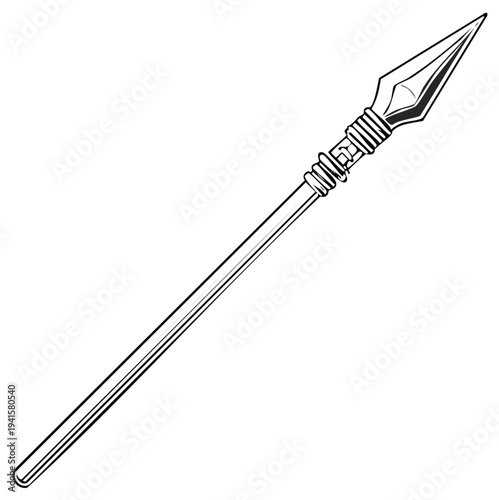 Ancient Spear Weapon Illustration with Metallic Head and Wooden Shaft, Black and White Graphic Design