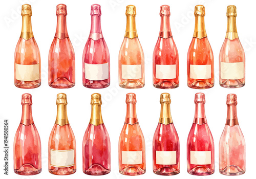 A charming watercolor collection of sparkling pink champagne bottles featuring elegant glass bottles illustrated in a festive celebration style.