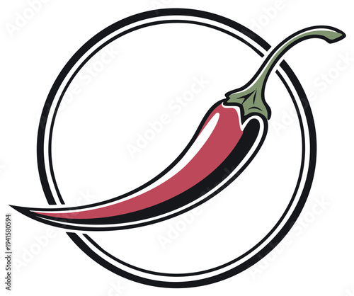 Red chili pepper graphic icon inside a circle, emblem for spices and flavors
