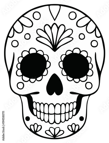 Black and white sugar skull illustration for Day of the Dead celebration
