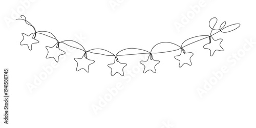 One line drawing seven stars continuous hand drawn. A garland of stars drawn with a single continuous line