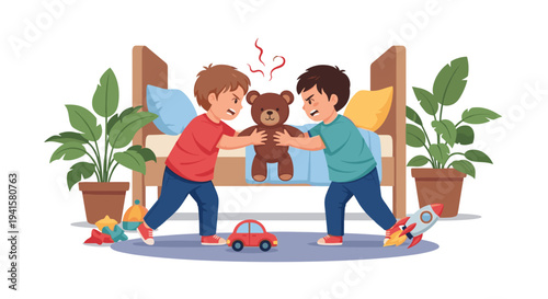 Two young boys aggressively pull a brown teddy bear apart while fighting in a bedroom with toys scattered on the floor.
