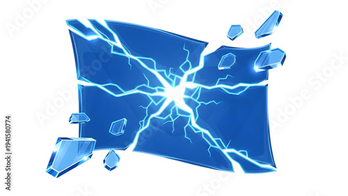 Abstract Blue Glass Panel Shattering with Electrical Spark, Concept of System Failure or Digital Breach.