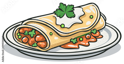 Cartoon illustration of a delicious burrito on a plate