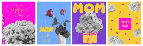 Mothers day Vintage Collage Cards or Banners in retro Halftone style. Spring Floral Card Collection. Vector template Vector template