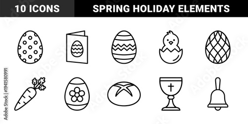 Easter holiday celebratory symbols and religious traditions. Minimalist monoline pictograms featuring decorated eggs, spring chicks, and liturgical elements.