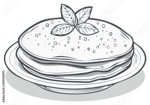 Hand-drawn stack of crepes or pancakes with fresh basil garnish on a plate, simple outline art.