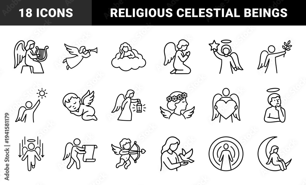 Naklejka premium Heavenly angels and cherubim line art symbols for religious education and spiritual branding. Minimalist monoline pictograms featuring celestial beings, prayer, and divine protection.