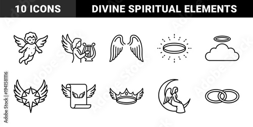 Heavenly celestial elements and divine angelic symbols for religious publishing. Monoline spiritual pictograms featuring cherubs, wings, and sacred halos.