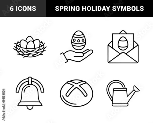 Easter holiday traditions and spring seasonal celebrations. Minimalist monoline pictograms featuring decorated eggs, bird nest, church bell, and festive hot cross bun.