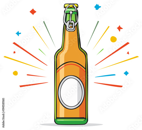 Vibrant cartoon swing-top bottle illustration with colorful confetti bursts symbolizing celebration and success
