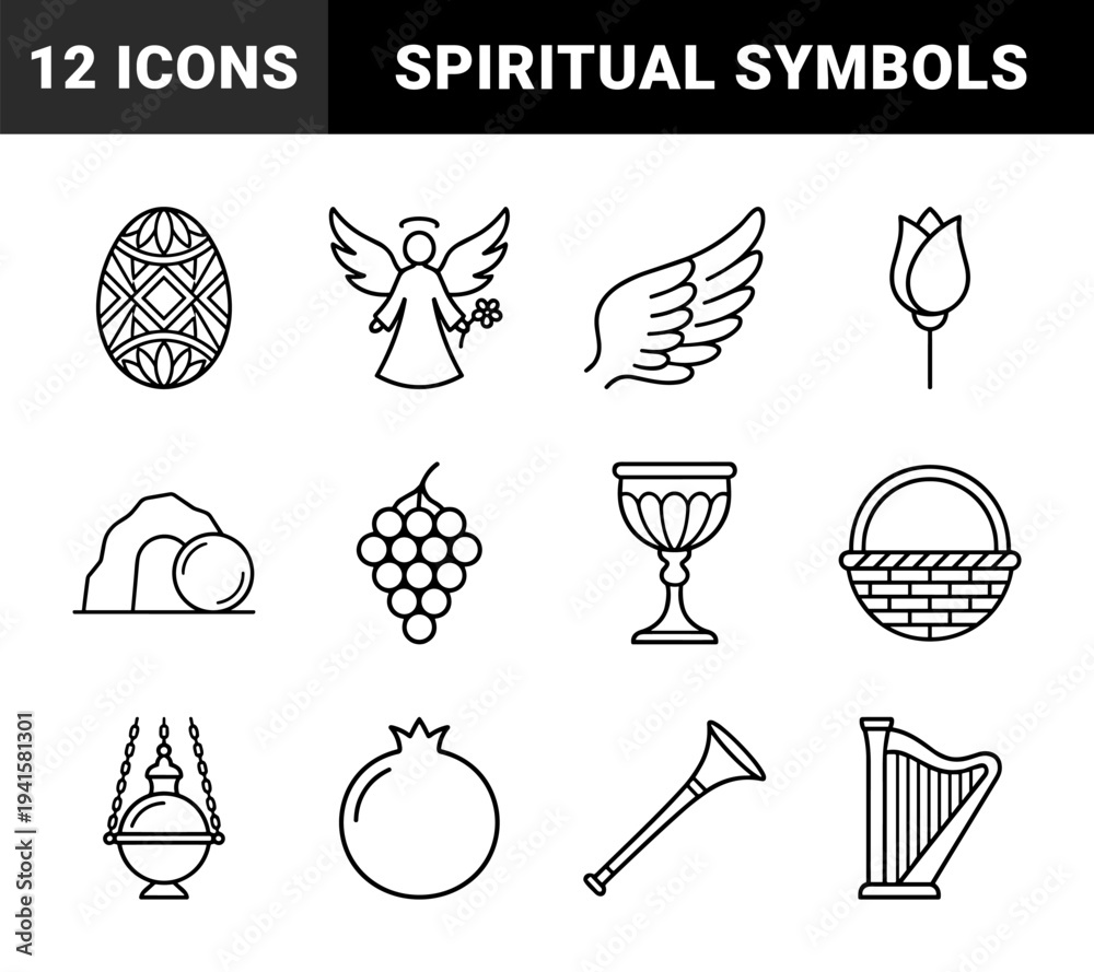Obraz premium Religious celebration and ecclesiastical tradition elements featuring resurrection symbols, ritual objects, and spiritual motifs in clean monolinear style.