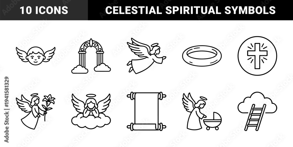 Obraz premium Guardian angels and celestial spiritual symbols for religious storytelling. Monoline vector pictograms featuring heavenly beings, cherubs, and divine afterlife concepts.