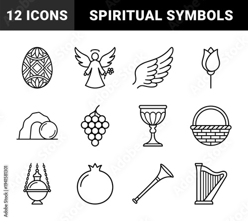 Religious celebration and ecclesiastical tradition elements featuring resurrection symbols, ritual objects, and spiritual motifs in clean monolinear style.