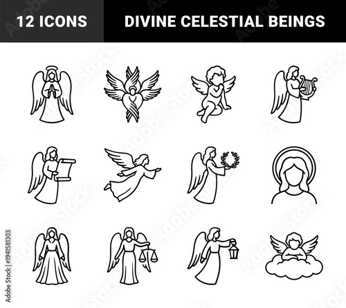 Heavenly angel and cherub silhouettes for religious storytelling and holiday design. Minimalist monoline pictograms with wings, harps, and halos.