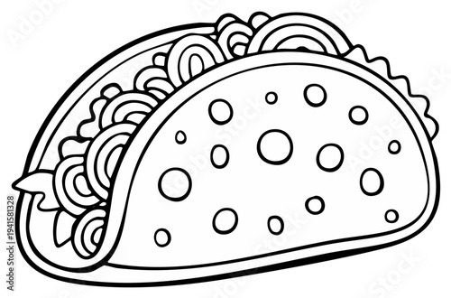 Outline Illustration of a Taco with Filling, Isolated on White, Food Concept