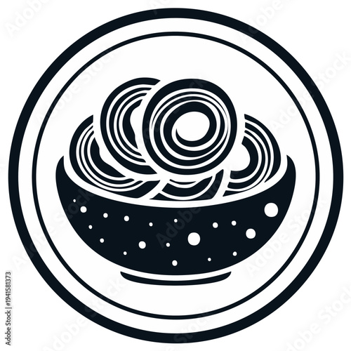 Stylized Bowl of Swirled Noodles Icon in Circle Frame
