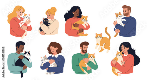 Diverse group of men and women affectionately hold their pet cats in various poses celebrating the strong bond between humans and felines.