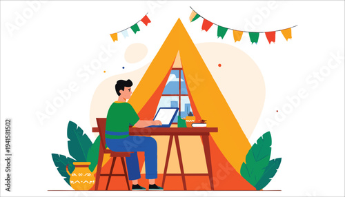 vector Man Working on Laptop in Tent