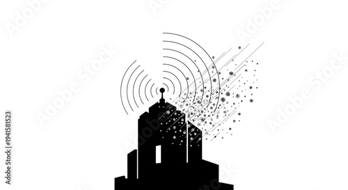 Abstract Silhouette of Mosque with Signal Waves and Deconstruction Effect