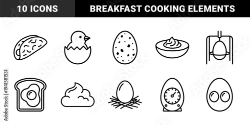 Egg preparation and breakfast culinary elements for restaurant menus. Minimalist monoline pictograms featuring poultry farming and gourmet cooking concepts.