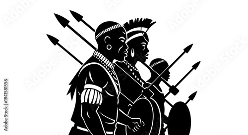 African Warriors Silhouette with Spears and Shields, Tribal Battle Ready