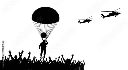 Aid Delivery by Parachute and Helicopter to Crowd