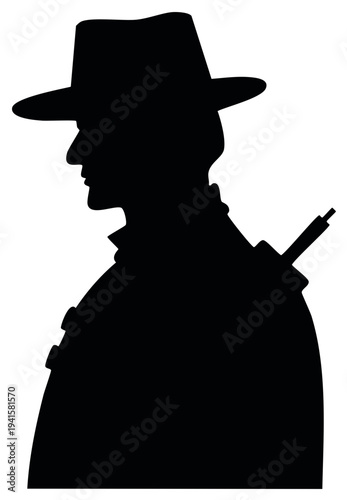 Silhouette of a Cowboy in a Hat with a Rifle Across His Shoulder, Western Theme
