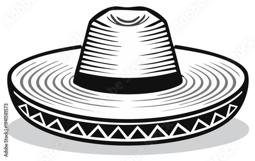 Black and white illustration of a traditional Mexican sombrero hat with patterned brim