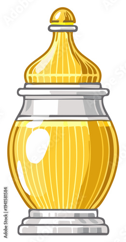 Elegant golden perfume bottle with ornate cap and ribbed glass filled with amber liquid