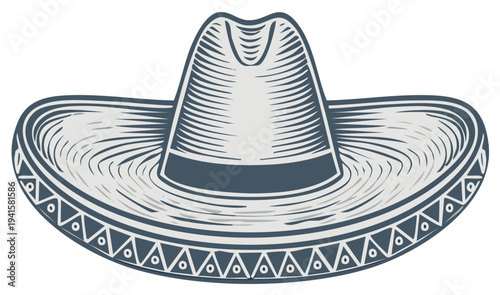 Engraved illustration of a sombrero hat with ornamental design and straw texture detail, traditional Mexican headwear