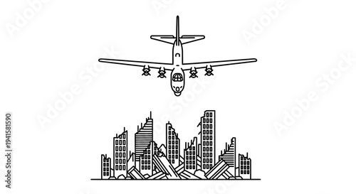 Airplane Flying Over Destroyed Cityscape, War and Destruction Concept