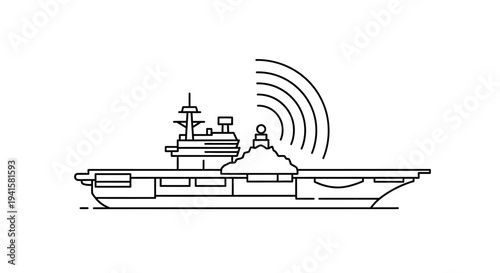 Aircraft Carrier with Radio Waves Icon, Military Ship Communication Signal
