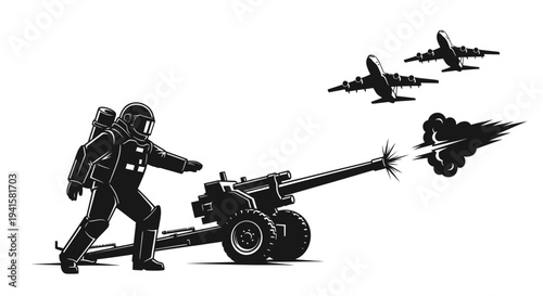 Astronaut fires cannon at airplanes, surreal space warfare concept