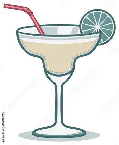 Refreshing margarita cocktail with lime slice and straw in a stemmed glass