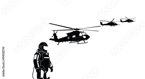 Astronaut Standing Before Helicopters in Formation