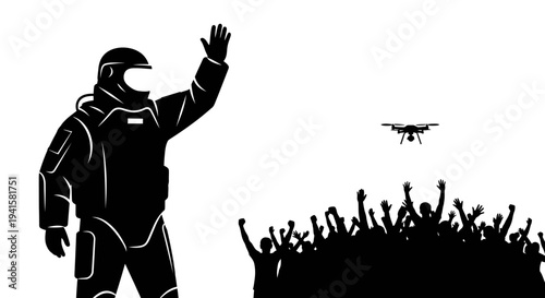 Astronaut Waving to Crowd Below with Drone Overhead