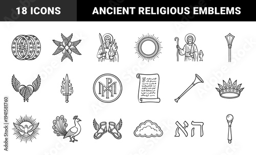 Sacred religious and mythological symbols for theological study. Monolinear black and white line art featuring angelic wings, biblical figures, and ancient spiritual emblems.