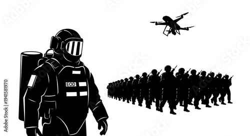 EOD Soldier and Drone Overseeing Military March, Black and White Silhouette