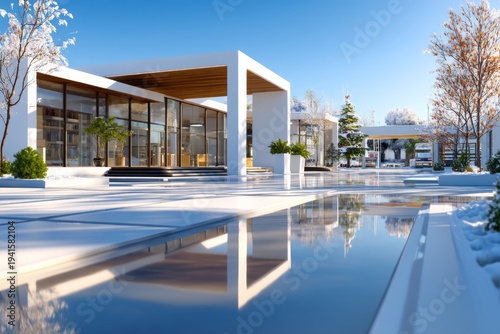 Contemporary Winter Shopping Plaza Scene Featuring Minimalist Design and Seasonal Sale