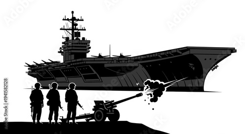 Military Aircraft Carrier and Soldiers Firing Cannon in Dramatic Black and White