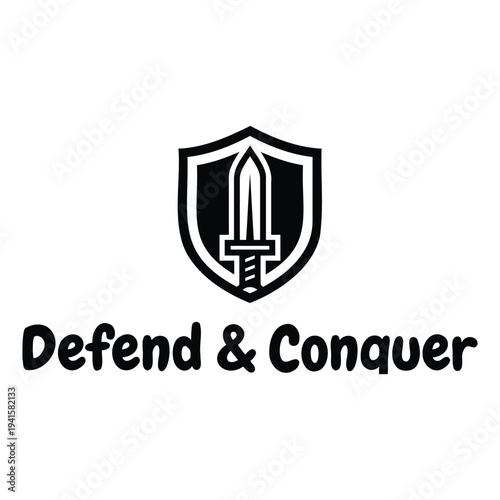 Creative emblem logo design featuring a shield with a sword for defense and conquest themes isolated illustration