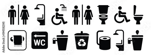 Restroom and sanitation icon set. Toilet, shower, recycle, accessibility. Public facility signage symbols on white background – stock vector.