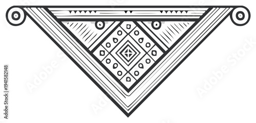 Geometric Line Art: Ornate Triangular Ornament with Spirals and Intricate Diamond Pattern