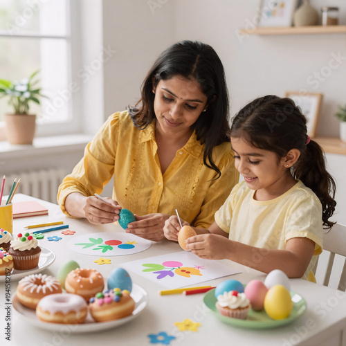 indian miniature, young mom and daughter craft easter ornaments at home table, enjoying spring family fun